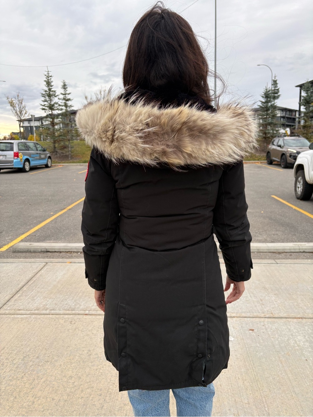 Canada Goose Black Trench Coat with Natural Fur Hood Trim